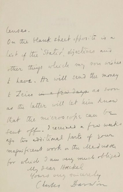 "My son Francis, who works with me, wants to get a microscope from Zeiss. Will you therefore be so kind as to call on Zeiss and see that he really sends good lenses." (5/7)