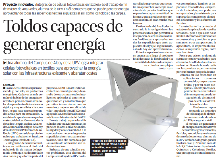 UPVCampusAlcoy's tweet photo. 'Toldos capaces de generar energía', el innovador proyecto de Ana Rodes, estudiante del @Muitex_UPV  #textil #Alcoy https://t.co/aAorvgKnXg