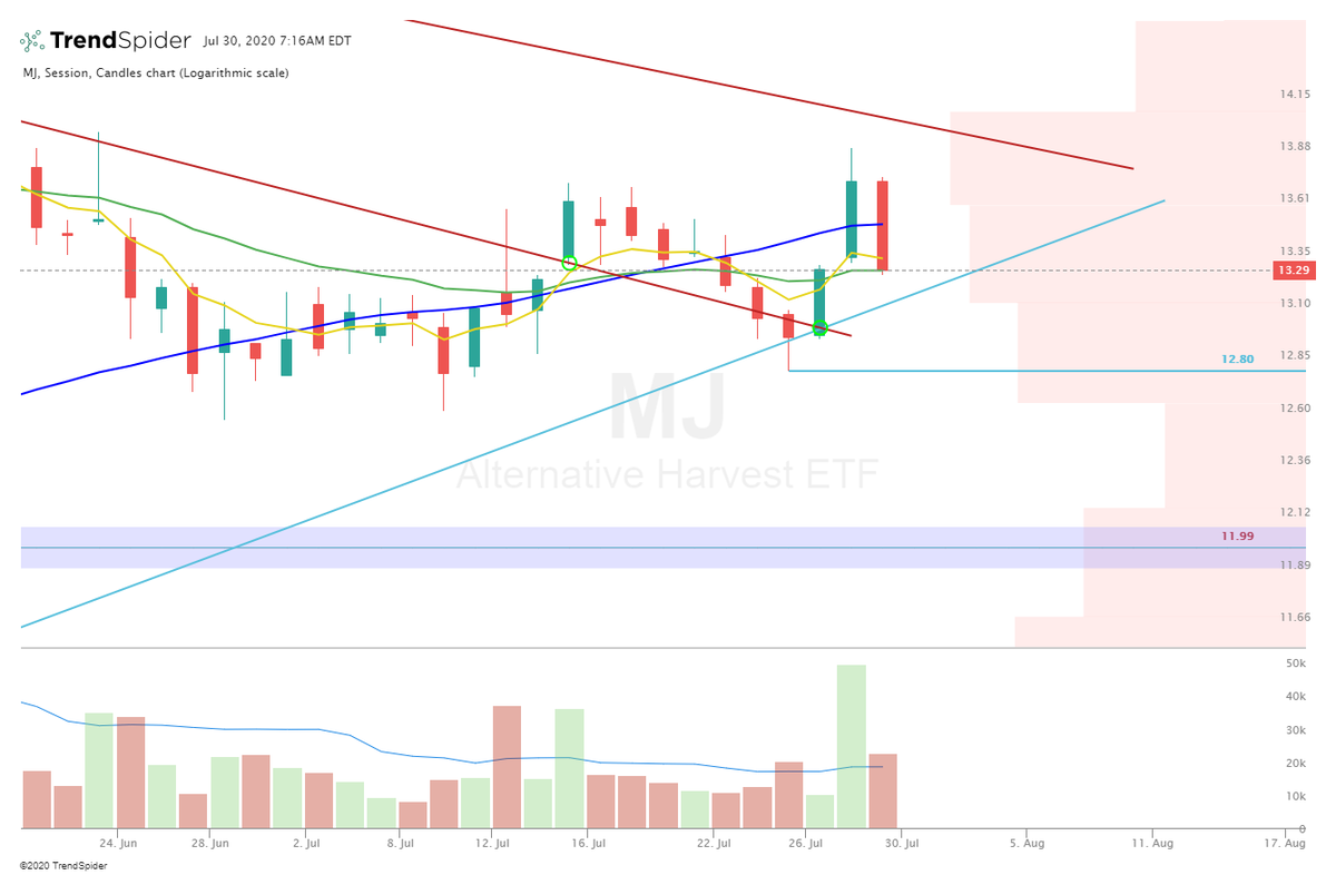  $MJ Bulls must hold yesterdays lows into next week. A MOVE COMING in next 3 sessions, don't be caught on the wrong side. Currently bear volume is increasing and bears are in charge. Can't capture SMA50. #trading