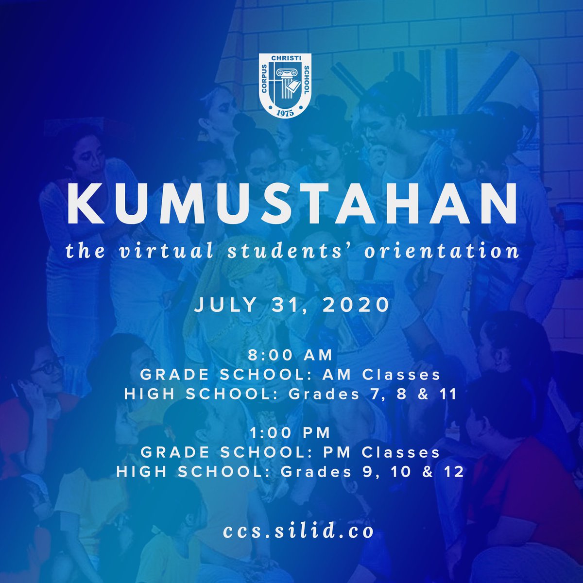 ccs_cdo's tweet photo. Kamusta ka, Corpus Christian?
See you at our virtual "Kumustahan" and get to meet your classmates and class adviser tomorrow, July 31.
Log in to your https://t.co/6Ople2IIfN account.
Kitakits!
Stay updated.
Stay connected.
#WeRideHighAsOne https://t.co/2WU5PwAeLj