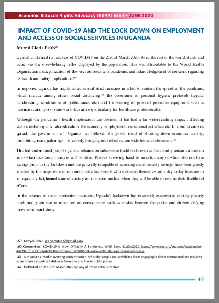 <a href="/gloriamutesi5/">Gloria Mutesi</a> propounds that govt’s efforts to control the spread of #COVID19 have negatively affected people’s livelihoods, pointing to a failing by the state to respect, protect and fulfill citizen’s economic rights. Read the article bit.ly/3hL6iQc