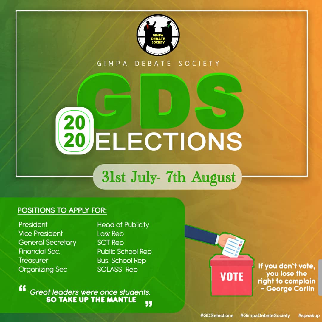 DebateGimpa's tweet photo. All too soon, the baton needs to be passed on to another set of committed leaders. To lead, you must serve. And as a student, always distinguish yourself with great opportunities such as this.

All the best to everyone. May the best always triumph.
#GDSelections2020
#GDS4ever🗣️🔥 https://t.co/7Wavo5E5yZ