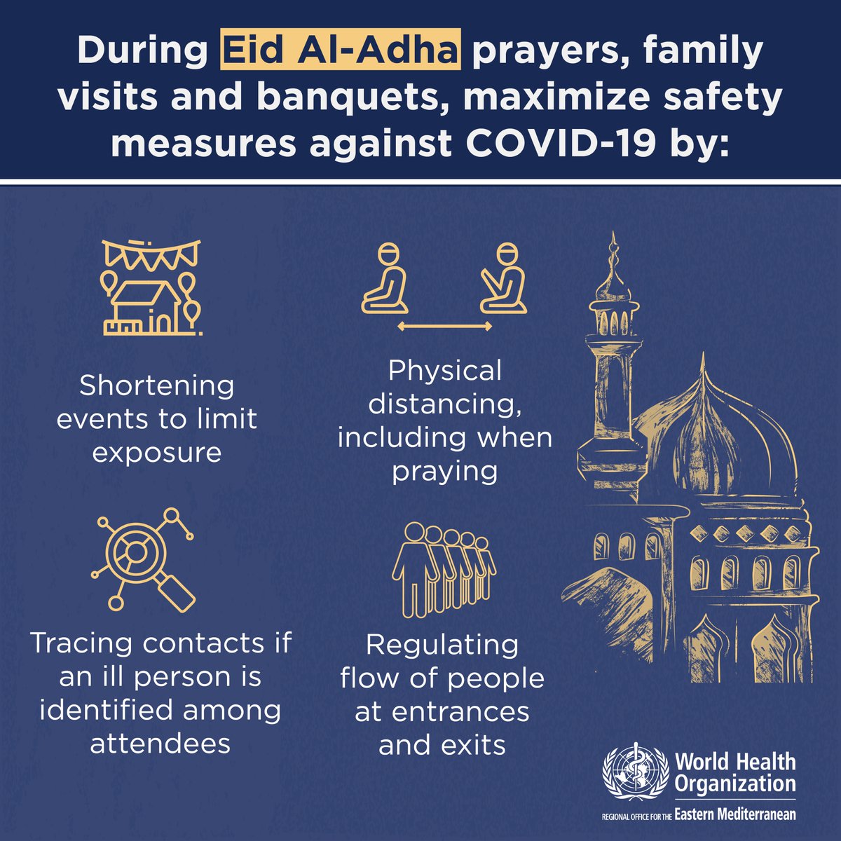 During  #EidAlAdha  , maximize safety measures against  #COVID19: Shorten events to limit exposure Physical distancing, including when praying Regulate flow of people at entrances and exits Contact tracing if an ill person is identified among attendees.