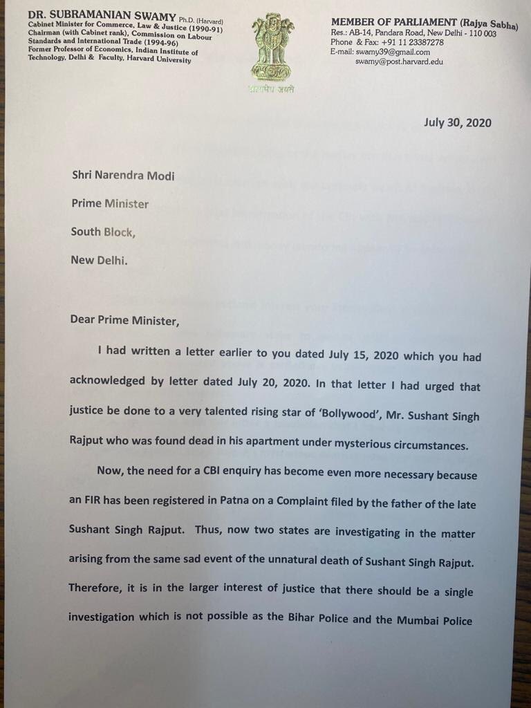 jagdishshetty's tweet photo. Dr Subramanian @Swamy39 has written a second letter to the Prime Minister on the death of Sushant Singh Rajput urging it is now all the more important to have CBI inquiry in view of 2 States Govt involved &amp; now investigation is required by CBI, ED &amp; NIA https://t.co/9c7RCywLyV