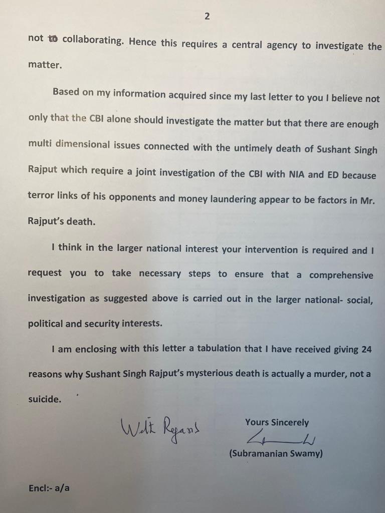 jagdishshetty's tweet photo. Dr Subramanian @Swamy39 has written a second letter to the Prime Minister on the death of Sushant Singh Rajput urging it is now all the more important to have CBI inquiry in view of 2 States Govt involved &amp; now investigation is required by CBI, ED &amp; NIA https://t.co/9c7RCywLyV