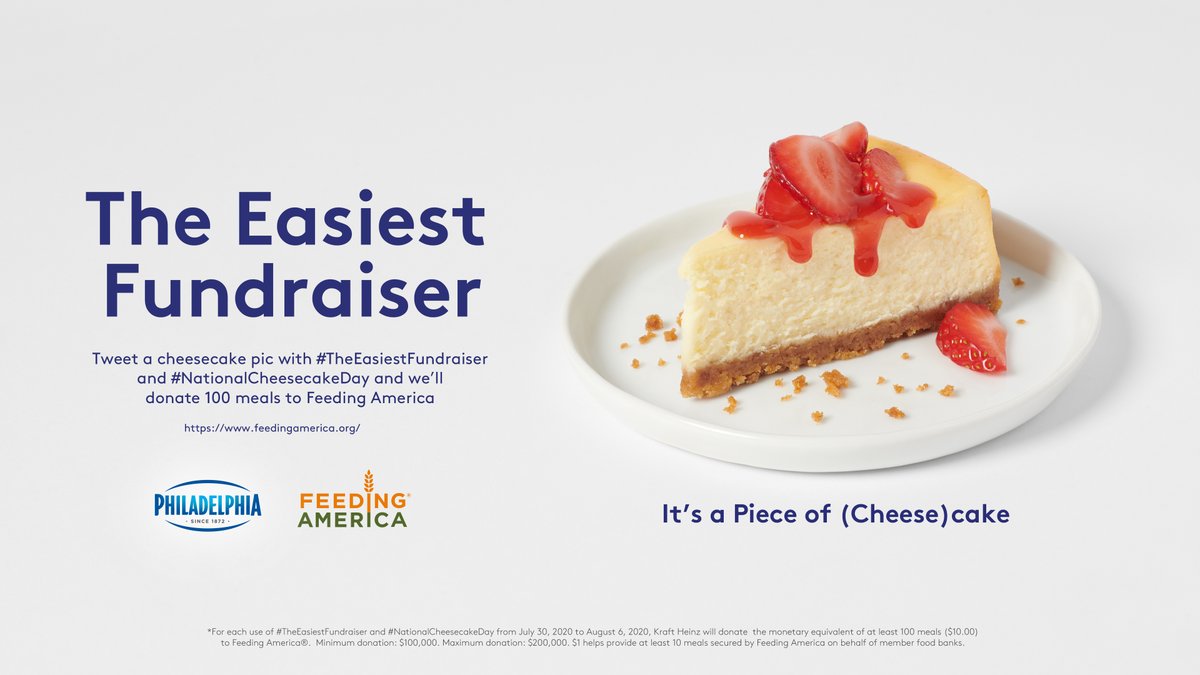 phillycreamchs's tweet photo. Starting today, doing good is a Piece of (Cheese)cake. We’re donating one million meals to @FeedingAmerica. Tweet a cheesecake pic using #TheEasiestFundraiser and #NationalCheesecakeDay, and we’ll donate 100 more meals for each post. https://t.co/KkySsQhH46