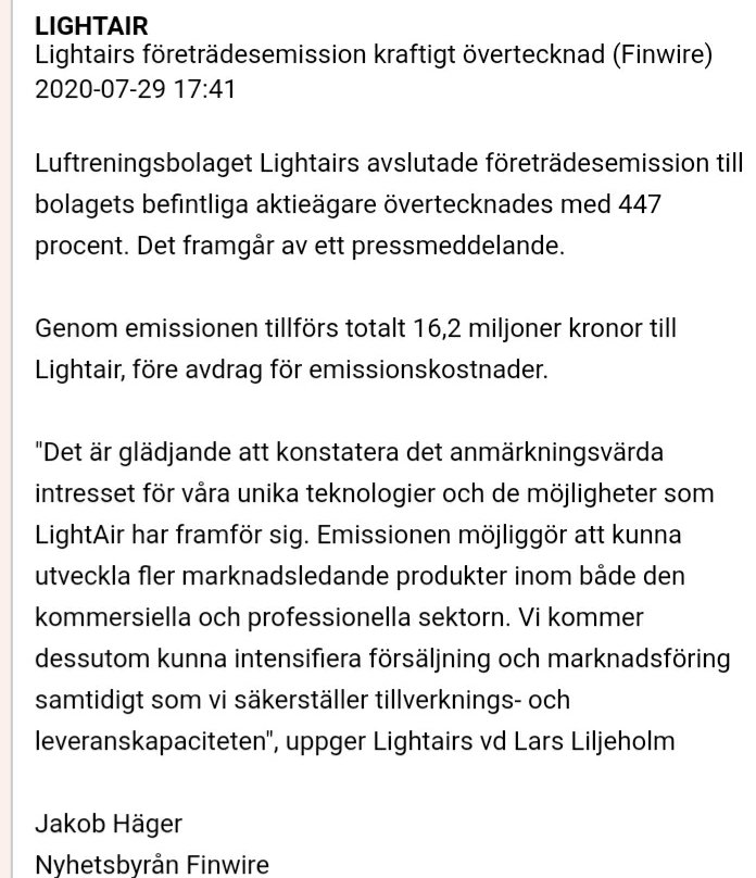 AktieMaestro's tweet photo. #Lightair 447% övertecknad 🤩 https://t.co/yObIQ162u6