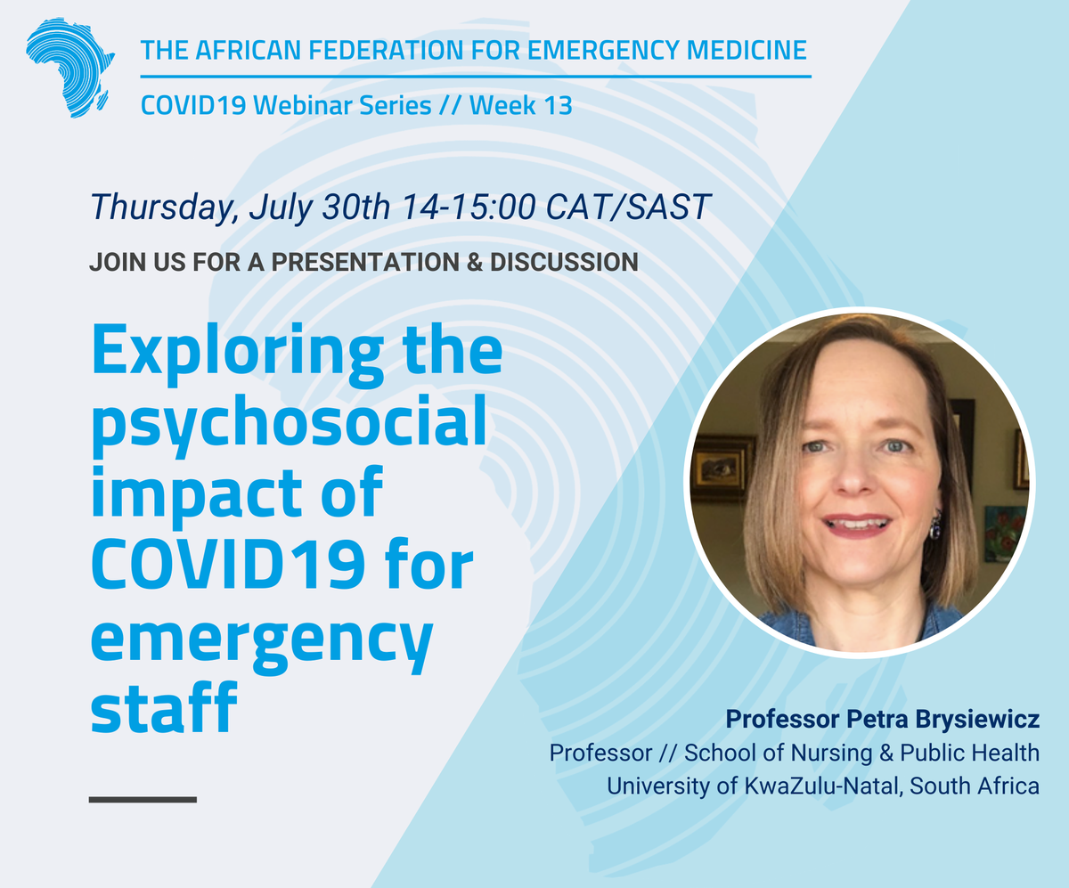 *THIS AFTERNOON* Join us to learn about the psychosocial effects of COVID19 on emergency staff with Prof. Petra Brysiewicz, and discuss and share with other emergency practitioners! Use this link to join at 14:00 CAT/SAST: myabbottmeetings.webex.com/myabbottmeetin…
#COVID19 #EmergencyMedicine
