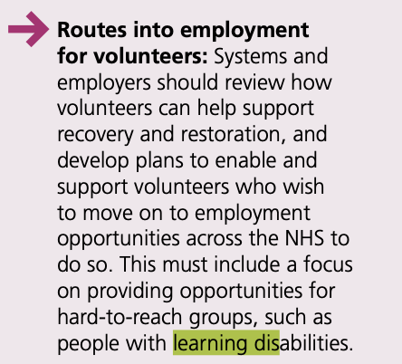 So how many times is learning disability nursing mentioned in  #OurNHSPeople? 0. Learning disability appears to get 1 mention, related to important issue of routes into employment for volunteers   #OurNHSPeople  #WeAreTheNHS