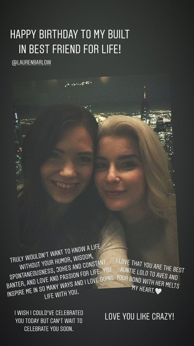Happy Birthday to my built in [sic] best friend for life! Lauren Barlow Truly wouldn't want to know a life without your humor, wisdom, spontaneousness, [sic] jokes and constant banter, and love and passion for life. You inspire me in so many ways and I love doing life with you. I love that you are the best Auntie Lolo to Aves and your bond with her melts my heart. ❤ I wish I could've celebrated you today but can't wait to celebrate you soon. Love you like crazy! (Left: Natalie Hochstatter. Right: Lauren Barlow)