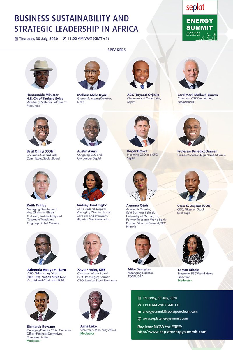 #HappeningToday, 30 July 2020: GMD @NNPCgroup Mallam <a href="/MKKyari/">Mele Kyari, OFR</a> joins other dignitaries from the Nigerian Oil &amp; Gas Industy to speak at the Seplat Energy Summit 2020. Time is 11am while Theme is : Business Sustainability and Strategic Leadership in Africa. #SeplatEnergySummit2020