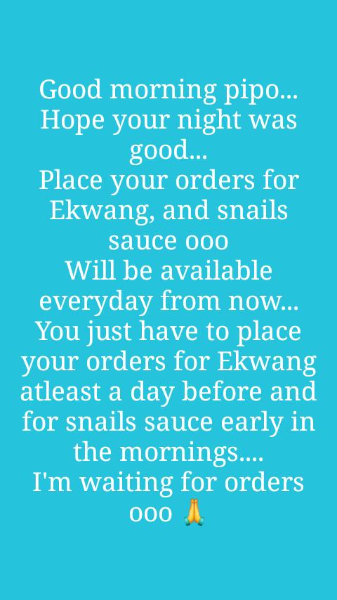 MbikangR's tweet photo. Bonjour 237community🇨🇲🇨🇲
#SaruthyCooks and #SashiiSnails are here to feed you all so as to be en forme for the #Miss237TT We are going to #ShowNoMercy in serving you
Ekwang,Snails sauce and dodo/rice/chips
We can also cook any oda thing you want but dependx on the quantity
Rt,lk https://t.co/jkIfIr1sjY