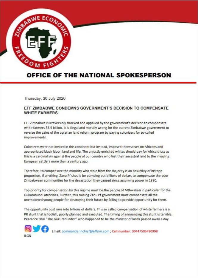 zimbabwe_eff's tweet photo. @zimbabwe_eff STATEMENT ON GOVERNMENT'S DECISION TO COMPENSATE WHITE FARMERS https://t.co/no2Q4kuJaT