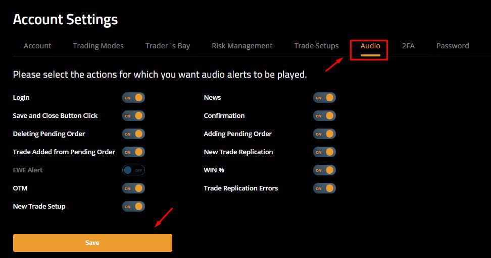 spectreai's tweet photo. https://t.co/ZAwd3twcJa Audio Settings 

These allows you to set sound alerts for various events. A very useful feature, not found on many other trading platforms. These alerts can be triggered when there is; a New login, News, New trade Setup etc.

 https://t.co/EHMpJdnffg https://t.co/Iu7gric3Ev