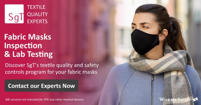 sgttextile's tweet photo. Discover SgT’s textile quality and safety controls program for your fabric masks. Contact our Experts now: https://t.co/PMFWiInWKF 
What makes a quality and safe fabric face mask, read our article here: https://t.co/WoVmf0GHAQ 
#sgtinspection #sgtquality / fabricmasks https://t.co/Z9SGhi4xNS