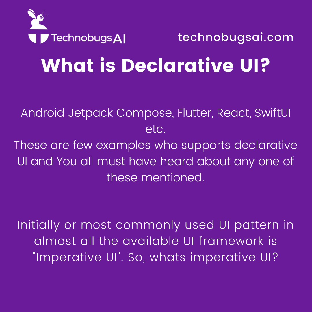 technobugsai's tweet image. What is declarative UI? And almost every Ui framework is implementing declarative UI.
Android Jetpack Compose,
Swift UI,
Flutter,
React,
Etc.
#declarativeUi #technobugsai #techstartup #flutter #android #ios #swiftui
For more on this visit our instagram page. @technobugsai