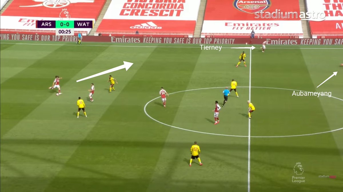 One quality D.luiz still have in his locker, the long ball forward. Tierney already on the move before D.Luiz hit the ball.
