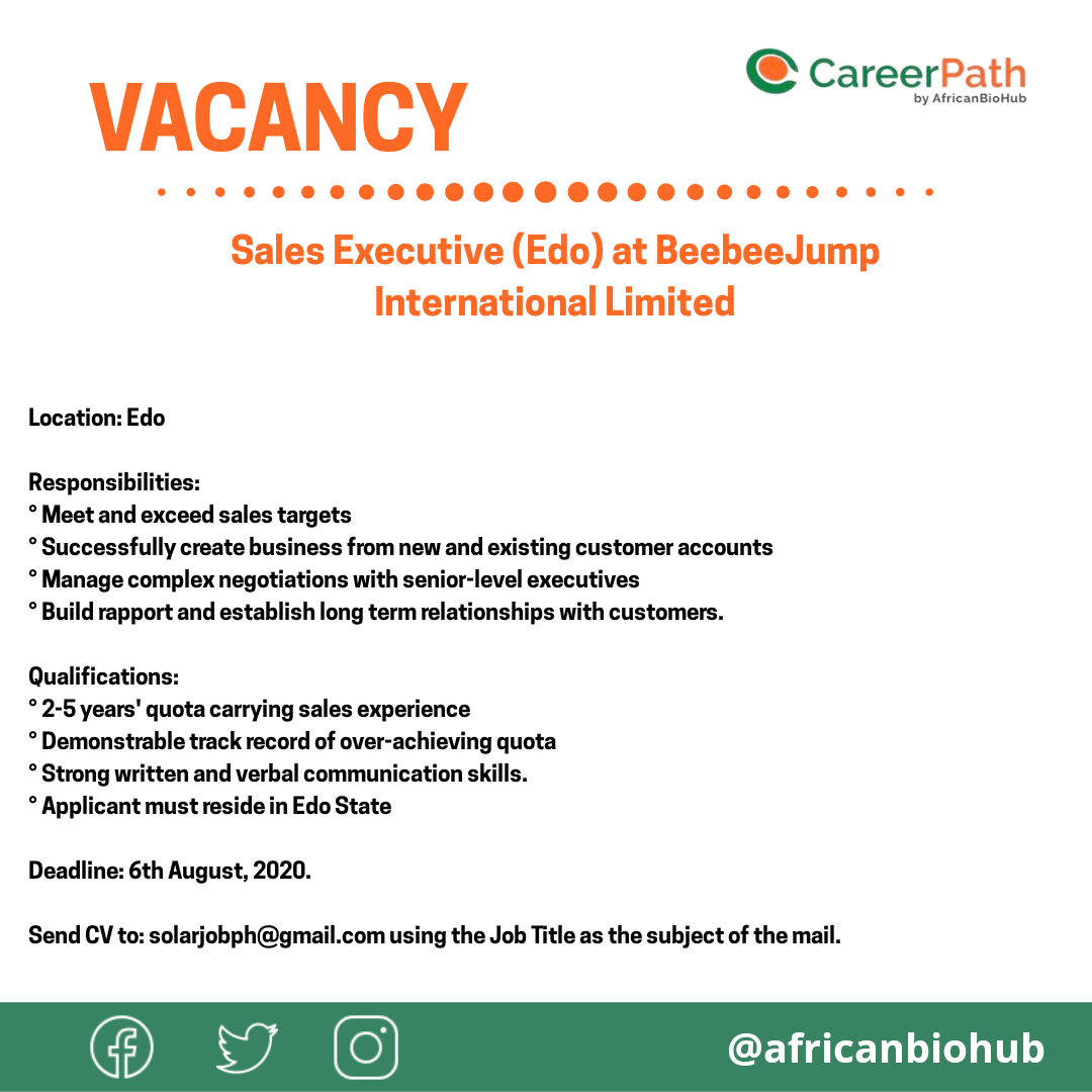 Career Path Hub on Twitter: "SALES EXECUTIVE AT BEEBEEJUMP INTERNATIONAL  LIMITED #africanbiohub #careerpathafrica #jobvacanciesinnigeria  https://t.co/IqDoPVS2CM" / Twitter