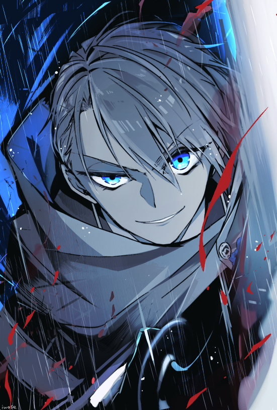 1boy blue eyes male focus solo rain looking at viewer smile  illustration images