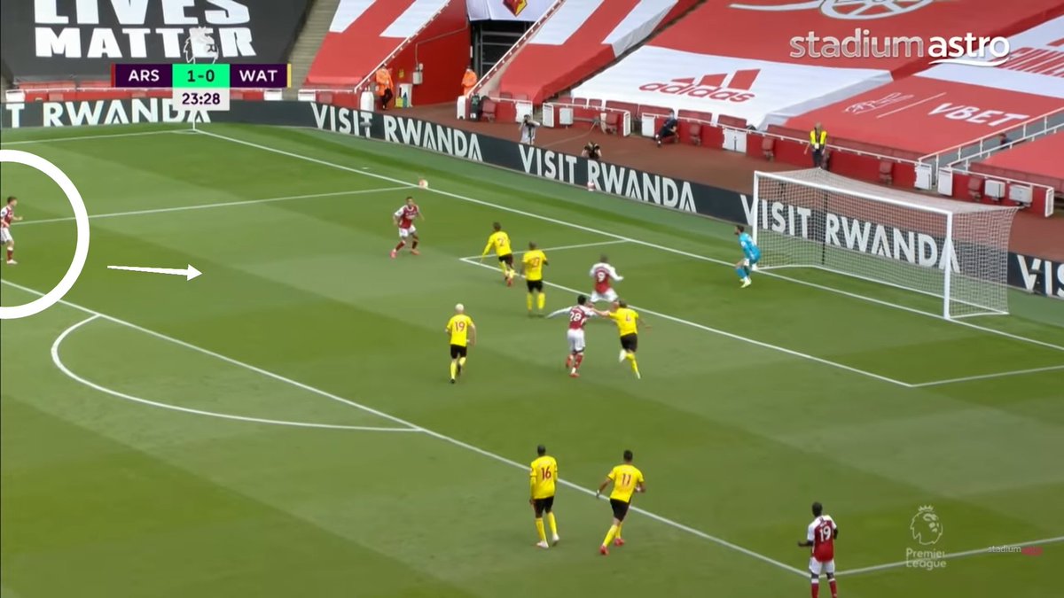 Ball to Aubameyang. Massive space in front of Tierney.