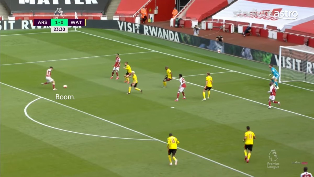 Aubameyang realised Tierney had a better chance. Set him up. Boom. 1st PL goal.