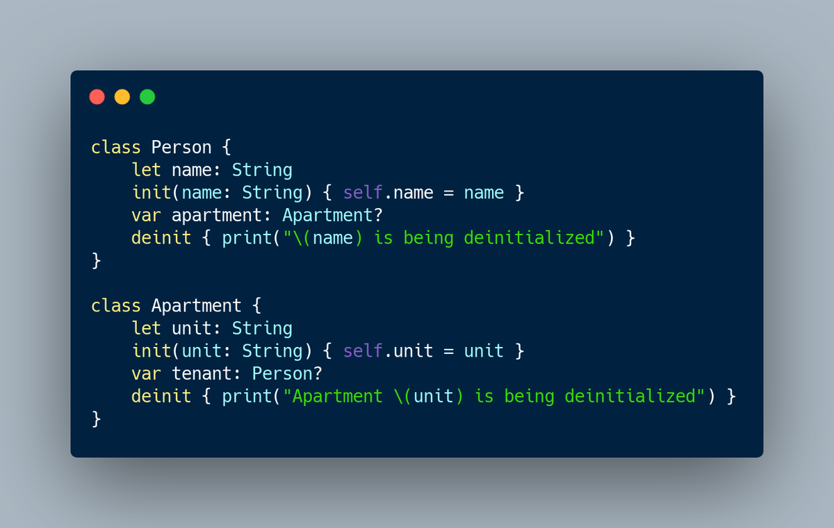 I'm going to walk us through it, but you can check out the docs here:  https://docs.swift.org/swift-book/LanguageGuide/AutomaticReferenceCounting.htmlSo we have two classes: a Person class and an Apartment class. 9/
