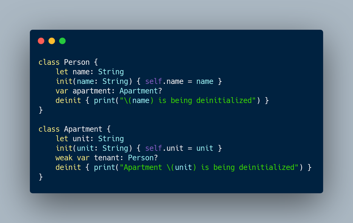Back to our example, we mark the tenant variable in the Apartment class as weak. Only one of apartment and tenant should be marked as weak. We choose tenant because an apartment without a tenant can be expected.14/