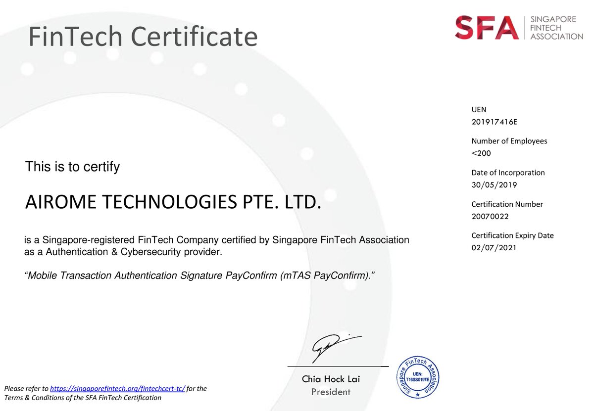 airometech's tweet photo. We are glad to announce that Airome Technologies has been certified as an Authentication & Cybersecurity provider by Singapore Fintech Association (SFA).
#fintech #certification #authentication #cybersecurity #AIROMEtech https://t.co/tfdNqYR0lk