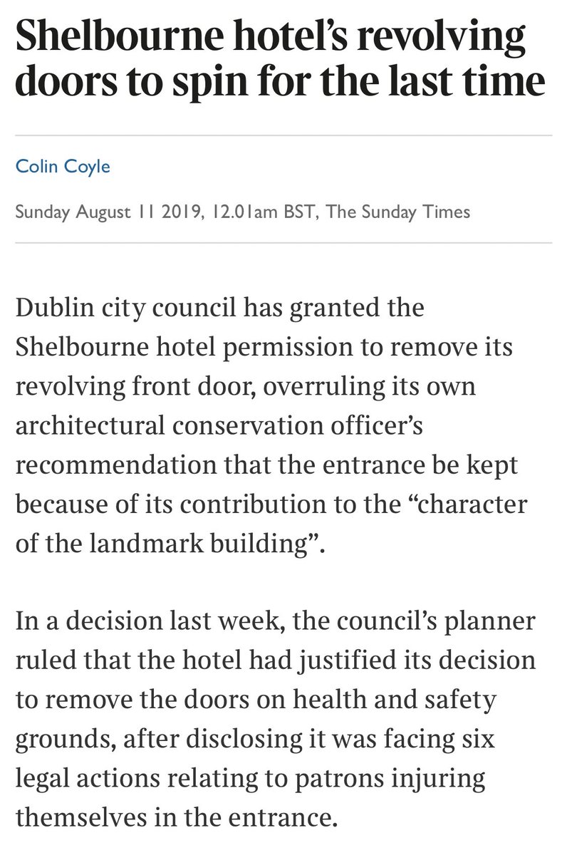 P.S. Would be interesting to compare the reaction to the removal of the hotel’s revolving doors to the current furore. Did the outrage over this change make it to the Seanad?
