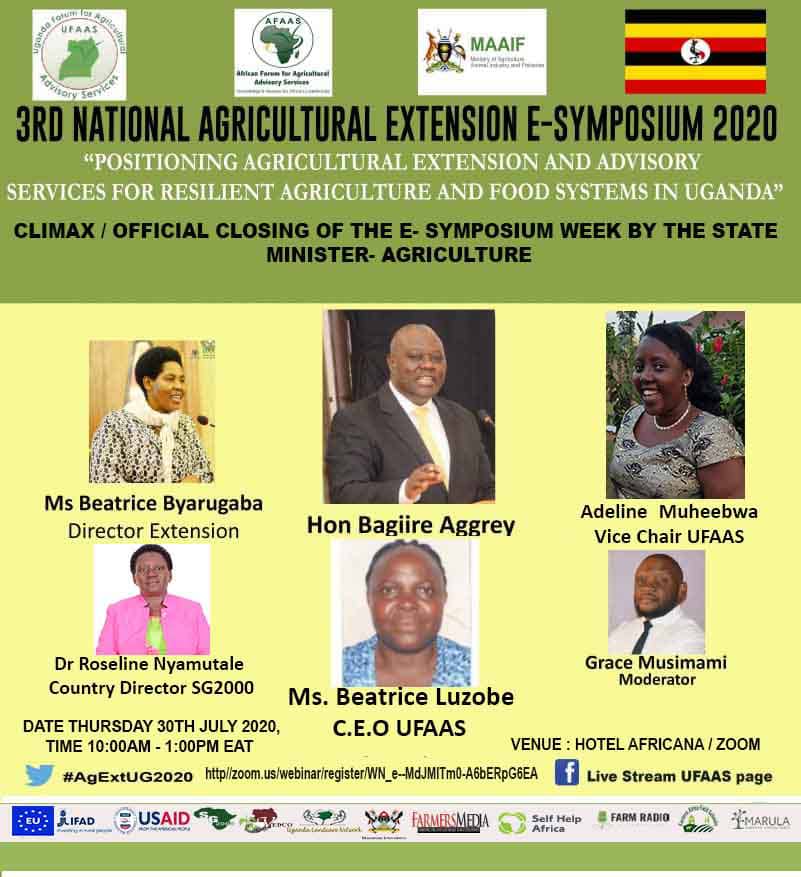 MakCAES's tweet photo. Its the last day of the 3rd National Agricultural e-Symposium. The symposium week will officially be closed by state minister for Agriculture, Aggrey Bagiire. #AgExtUG2020 https://t.co/5Mdi6iUDwN