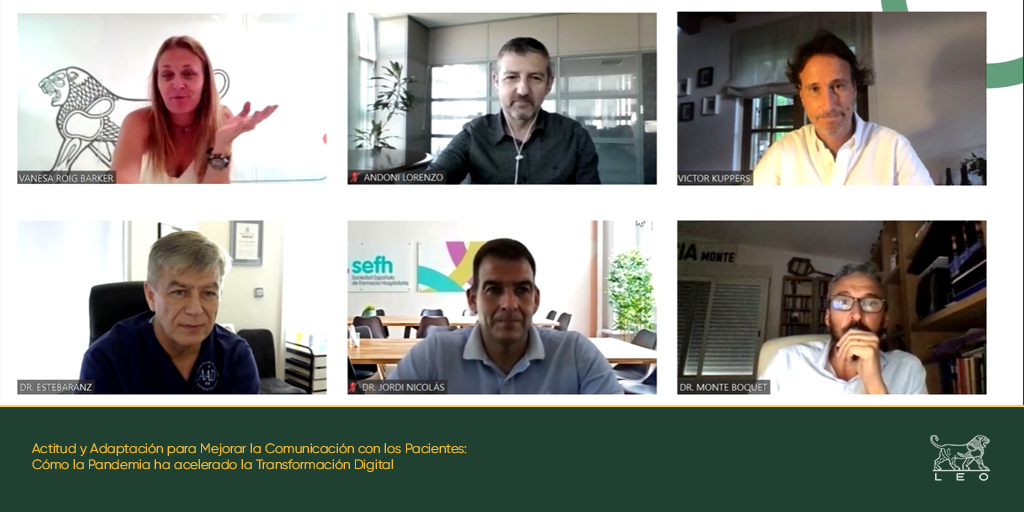 LEOPharmaEs's tweet photo. Queremos agradecer la participación de @jordinicolas1, @emiliomonteb, @andonilor, el Dr. Estebaranz y Victor Küppers en el #webinar actitud y gestión del cambio para mejorar la comunicación con los #pacientes, así como a todos los que seguisteis la retransmisión #EnDirecto 🙌 https://t.co/O7rSKai0N6