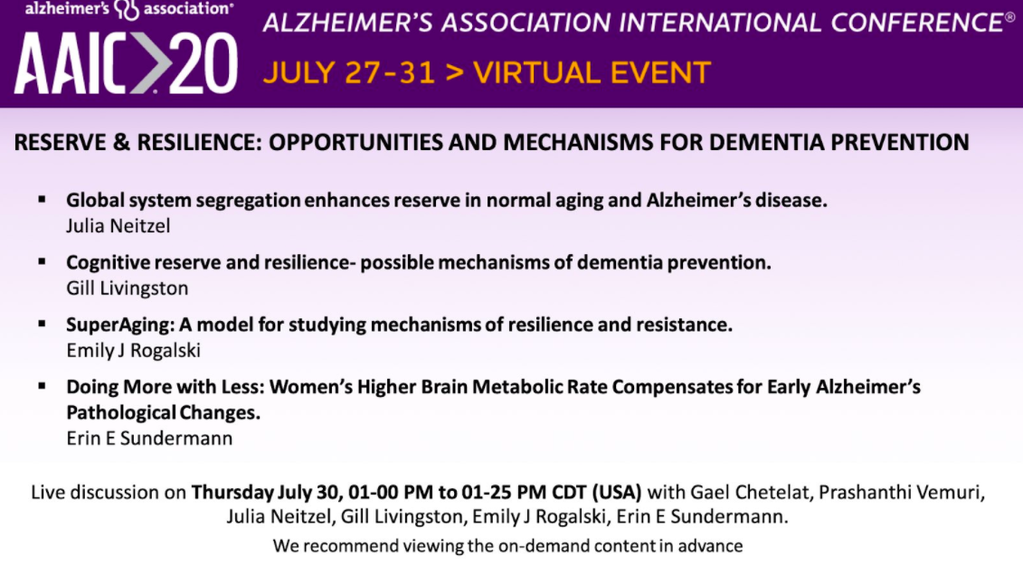 ChetelatLab's tweet photo. Don’t forget to join the Live Q&amp;A chat with Gaël Chételat @ChetelatLab and @prashvemuri on Reserve &amp; Resilience, today at 1pm CDT! 

To watch the related FRS from the #ReservePIA, go to: On Demand -> Public health #AAIC2020 https://t.co/ciYzpGLgJW