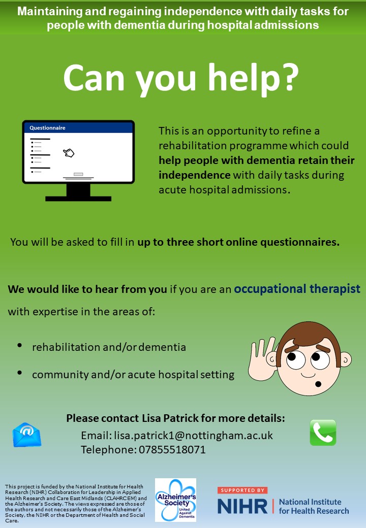 EastMids ICA Network (@emcapn2017) on Twitter photo 📢 CALLING all #OccupationalTherapists
Can you help <a href="/LisaPatrickOT/">Dr Lisa Patrick</a> with her research about helping people with #dementia retain their independence❓
👇 More details are listed in the poster below 👇 📢 CALLING all #OccupationalTherapists
Can you help <a href="/LisaPatrickOT/">Dr Lisa Patrick</a> with her research about helping people with #dementia retain their independence❓
👇 More details are listed in the poster below 👇