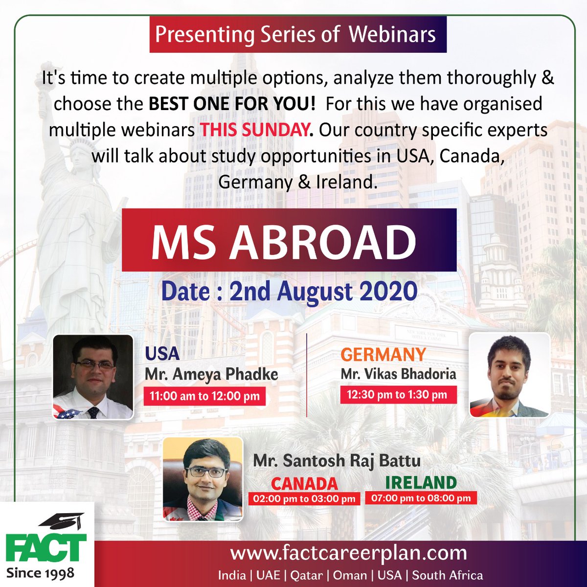 Check out the Study abroad opportunities with our country experts on 2nd August 
Register Now
#country #experts #USA #Canada #Germany #Ireland #CanadaVsStudents #irelandtalks #USAEducation #GermanyEducation #careerFocus #CareerGoal #CareerAdvice #CareersThatMatter