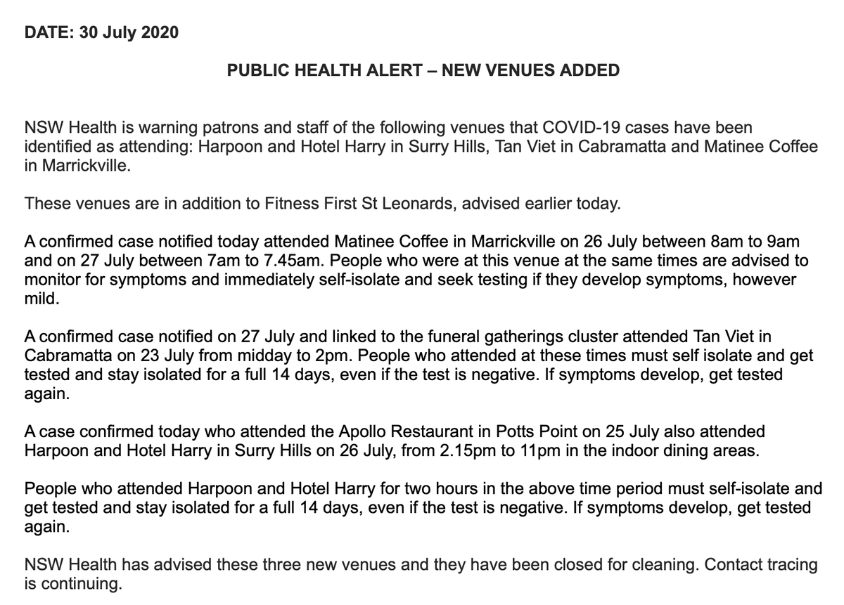 JoshButler's tweet photo. new venue alerts in Sydney:

- Harpoon and Hotel Harry in Surry Hills
- Tan Viet in Cabramatta
- Matinee Coffee in Marrickville

after confirmed COVID cases visited in recent days https://t.co/YnFt64VYO2