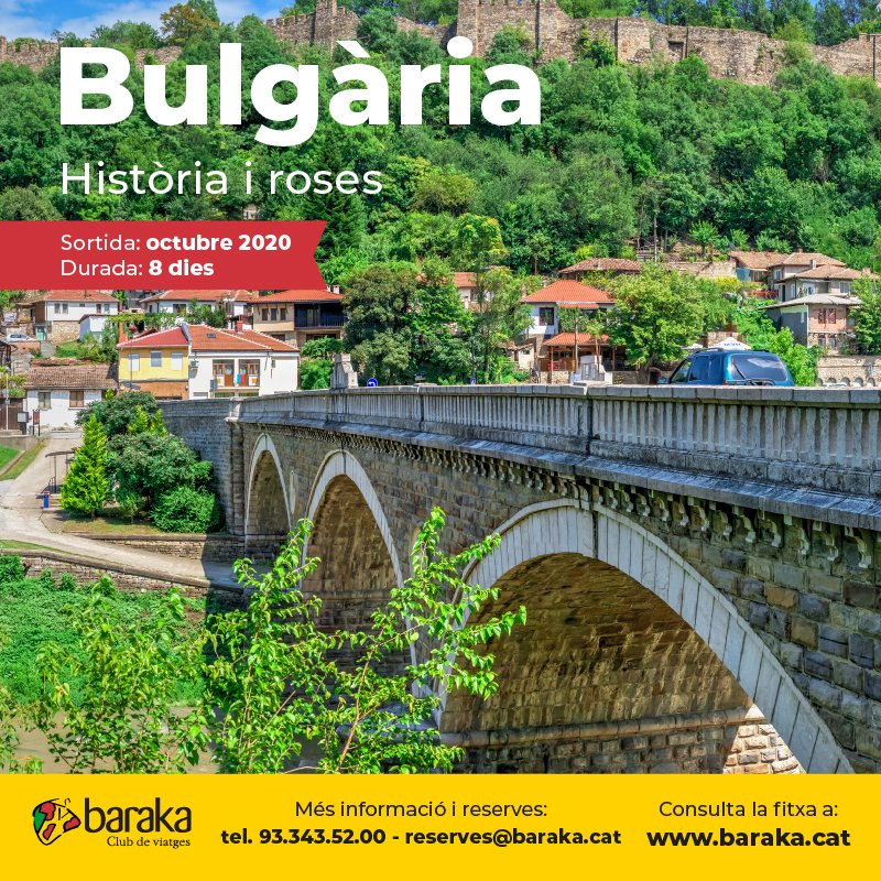 BarakaClub's tweet photo. Destinació: Bulgaria, Europa
Durada: 8 dies
Sortida: 01/10/2020

ITINERARI: SOFIA – VELIKO TARNOVO – ARBANASI – DRYANOVO – ETAR – KAZANLAK – NESSÈBAR – PLOVDIV – MONESTIR DE RILA

reserves@baraka.cat

https://t.co/h159BOiomh

#viatges #cultura https://t.co/efzZhqouy5