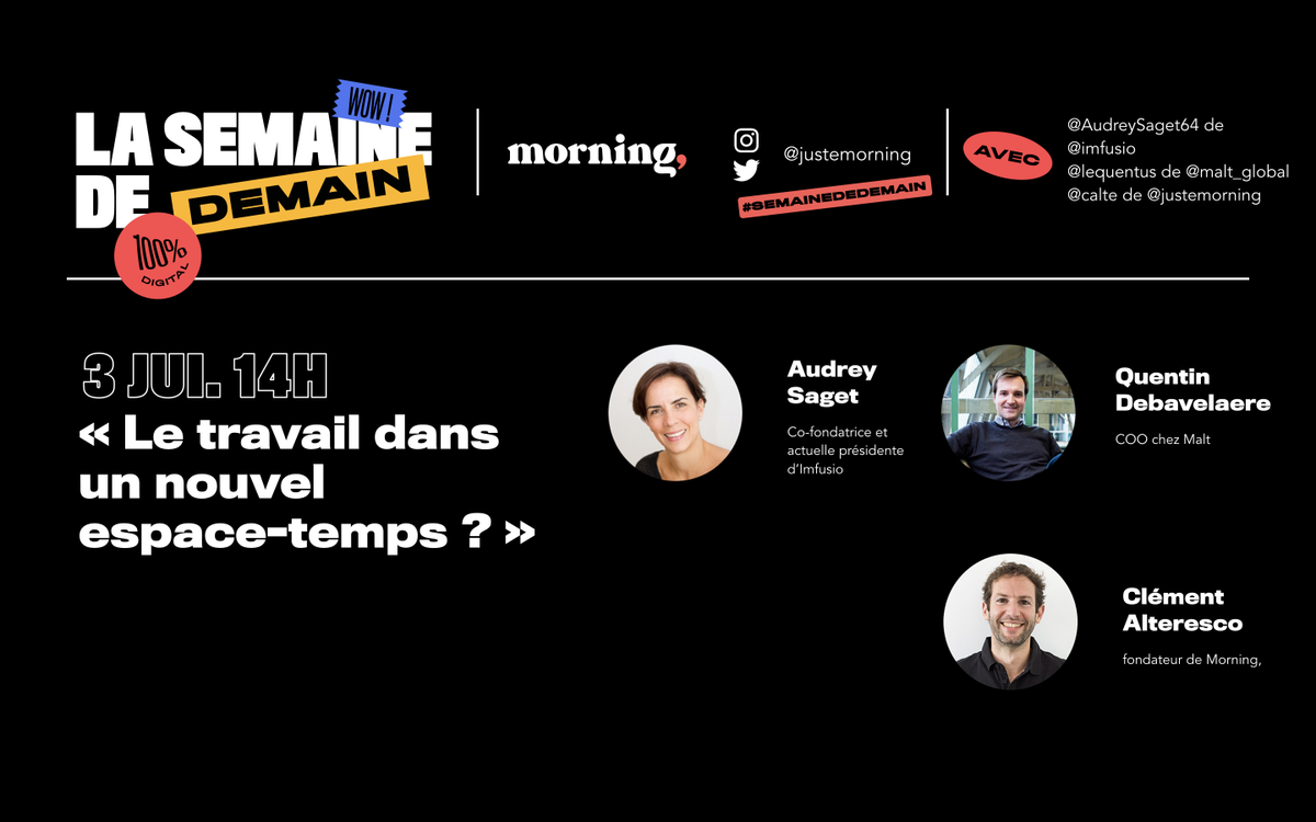 📺 Replay de notre wébinaire "Le travail dans un nouvel espace temps" 📺 sur les nouveaux enjeux du bureaux post-confinement avec @calte, fondateur de Morning, <a href="/lequentus/">Debavelaere Quentin</a> de @malt_fr et Audrey Saget, de @imfusio  

👉 swll.to/LZHL4