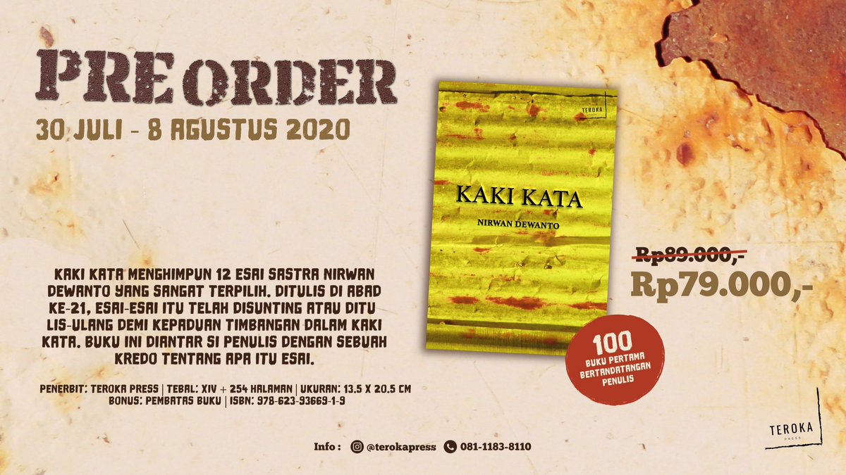 terokapress's tweet photo. Dengan bahagia kami umumkan, Kaki Kata karya Nirwan Dewanto (@nd_nir) bisa segera Peneroka miliki. Silakan kontak nomor yang tertera di link bio untuk ikut pre-order Kaki Kata. Buku bertanda tangan penulis hanya untuk 100 pemesan pertama, ya!

#kakikata #nirwandewanto https://t.co/1tv5j2x9I6