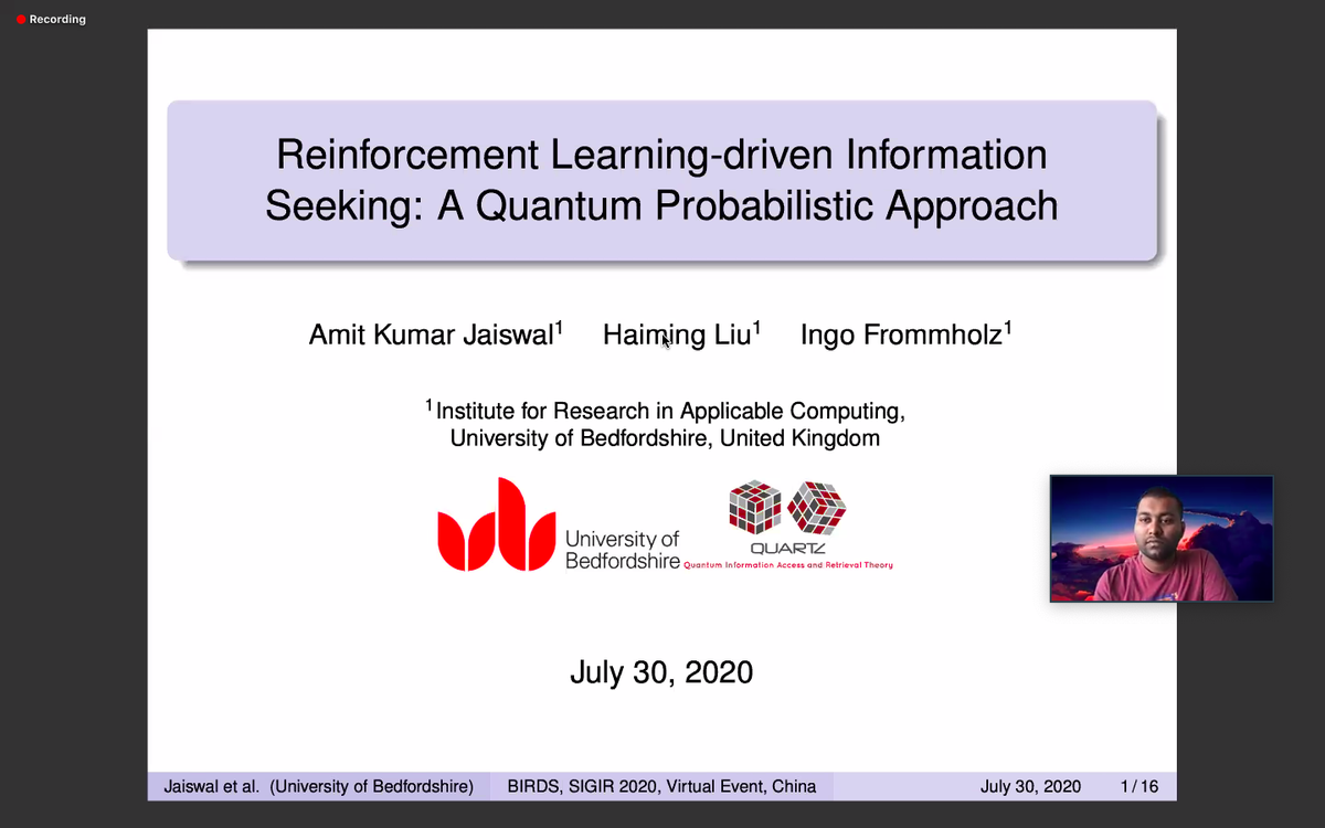 shawnmjones's tweet photo. Amit Kumar Jiaswal from @uniofbeds “Reinforcement Learning-driven InformationSeeking: A Quantum Probabilistic Approach” at #sigir2020 BIRDS workshop

Paper: https://t.co/fAqttEnxmX https://t.co/F44e0dI9DT