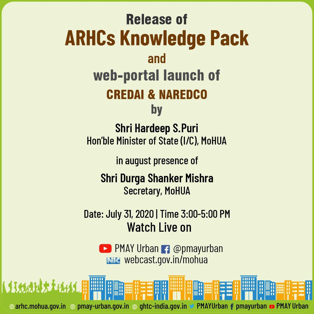 PMAYUrban's tweet photo. MoS H&amp;UA @HardeepSPuri will release ARHCs Knowledge Pack (AKP) and launch web-portals of @CREDAINational &amp; @NaredcoNational tomorrow at 3 p.m. 

You can watch the live broadcast of the webinar on https://t.co/n7HlDXAIyR .

#HousingForAll #AtmaNirbharBharat https://t.co/bGIrrEJ9e9