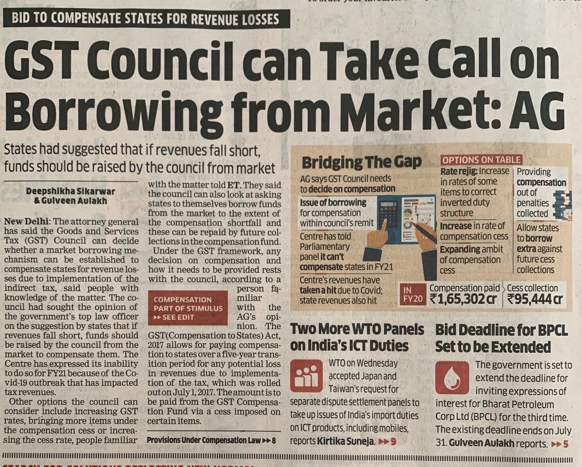Baffling. First fin secy tells Parl Panel can’t pay states’ share of GST now AG says Council can borrow. But Council includes both centre & states. Why must states borrow to compensate for their own share which has been illegally kept by Central Govt? 1/4 #GST  @FinMinIndia