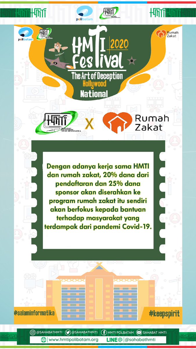 sahabatHMTI's tweet photo. ✳️HMTI FESTIVAL 2020✳️
.
🎬The Art Of Deception🎬
.
Ada yang spesial nih dari HMTI FESTIVAL tahun ini,yaitu kami bekerja sama dengan Rumah Zakat.Jadi nantinya sebagian dari uang pendaftaran dan sponsor akan didonasikan kepada masyarakat yang terdampak dari pademi covid-19. https://t.co/azIJUL72XC