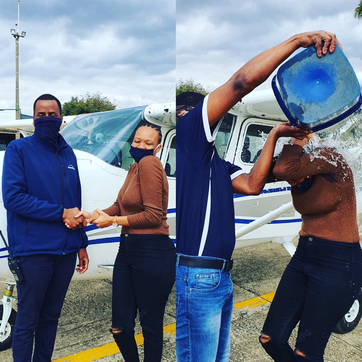 kishugu's tweet photo. Congratulations to Debrah a SACAA Student, who is busy with her (PPL) It's tradition to have a bucket of water poured over your head after you've done your first solo flight!We are all very proud of you! 
Sigh up:visit https://t.co/5ZRS09rpv1. https://t.co/8WDYxxtbS4