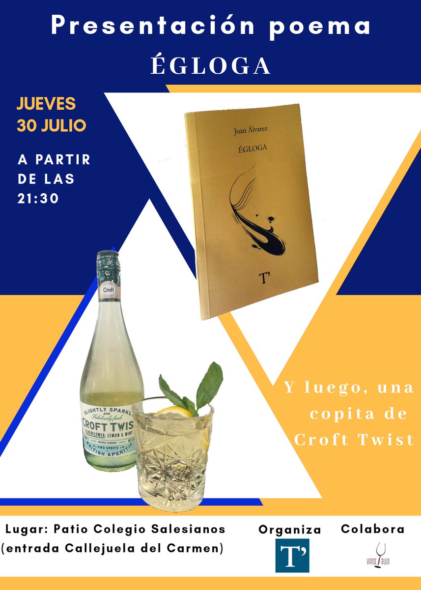 Noche 🌜 de #lectura 📖 y #vino 🍸 con la presentación del #poema Égloga de Juan Álvarez que presentarán hoy los amigos de <a href="/TerminoLibros/">Término</a>  en el patio del colegio Salesianos, y luego, una copita de #CroftTwist 😋 , no te lo pierdas 😉
#AlcaladeGuadaira