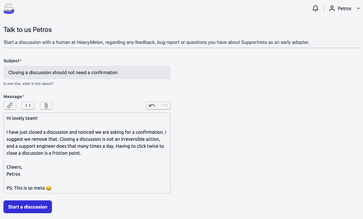 amiridis's tweet photo. We have recently added a way to give feedback directly from within #supportress as an early adopter. I love using it to give feedback to... ourselves. LOL. This is so meta. #heavymelon #supportress /cc @ispyrop https://t.co/kXKLZd7qXP
