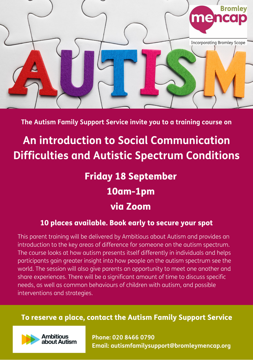 BromleyMencap's tweet photo. Would you like to know more about social communication difficulties and #Autistic Spectrum conditions? We have organised a Zoom parent/carer training session delivered by @AmbitiousAutism on Friday 18 September between 10am-1pm. Email autismfamilysupport@bromleymencap.org to book https://t.co/CdC3AnaELE
