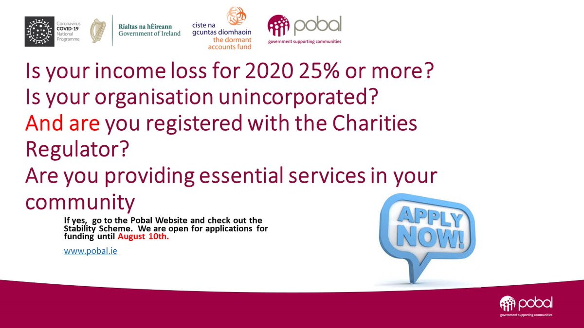 pobal's tweet photo. Community/Voluntary groups Charities, social enterprises. Is your organisation losing income due COVID-19? Is your organisation unincorporated? Are you registered with Charities Regulator?  Check out the @DeptRCD #StabilityScheme: https://t.co/yfoAWVpBfn https://t.co/csraYyKsVX