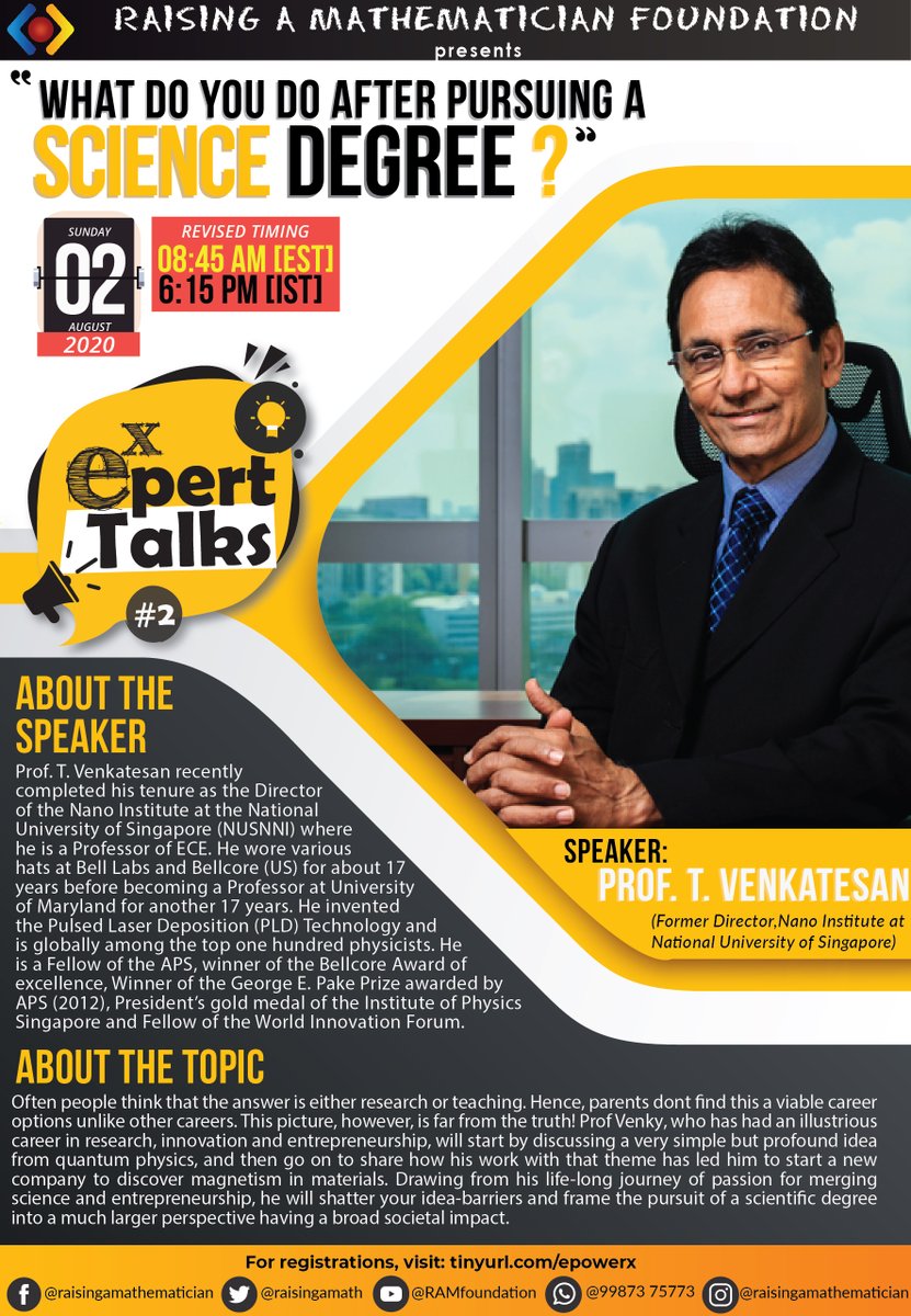 raisingamath's tweet image. Hear to Prof. T. Venkatesan as he enlightens the curious minds with a talk on &quot;What do you do after pursuing a  Science Degree?&quot; Details on the attached brochure.
#ExpertTalks
#Epowerx 
#RaisingAMathematician 
#RAMFounation
@IMScChennai
 @tifrarnab
 @TIFRScience
 @HBCSE_TIFR