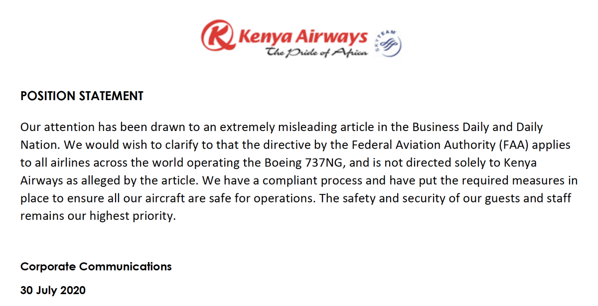 KenyaAirways's tweet photo. We would like to clarify misleading information carried in  @BD_Africa and @dailynation regarding the safety of our fleet in an article entitled "US issues safety alert for 10 KQ Boeing planes" Please visit our fact-checker at https://t.co/S25RjBiojg

https://t.co/Kp78d7b8yc https://t.co/OFkto0WIrC