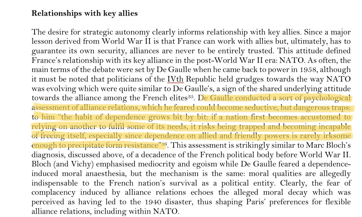 Le réalisme structurel a donc théorisé ce mécanisme « internal/external balancing » et, en France, la préférence pour le « internal balancing » est renforcée par l’héritage gaullien (en fait, de la 2e GM) qui perçoit la dépendance à une alliance comme un abandon moral. 5/